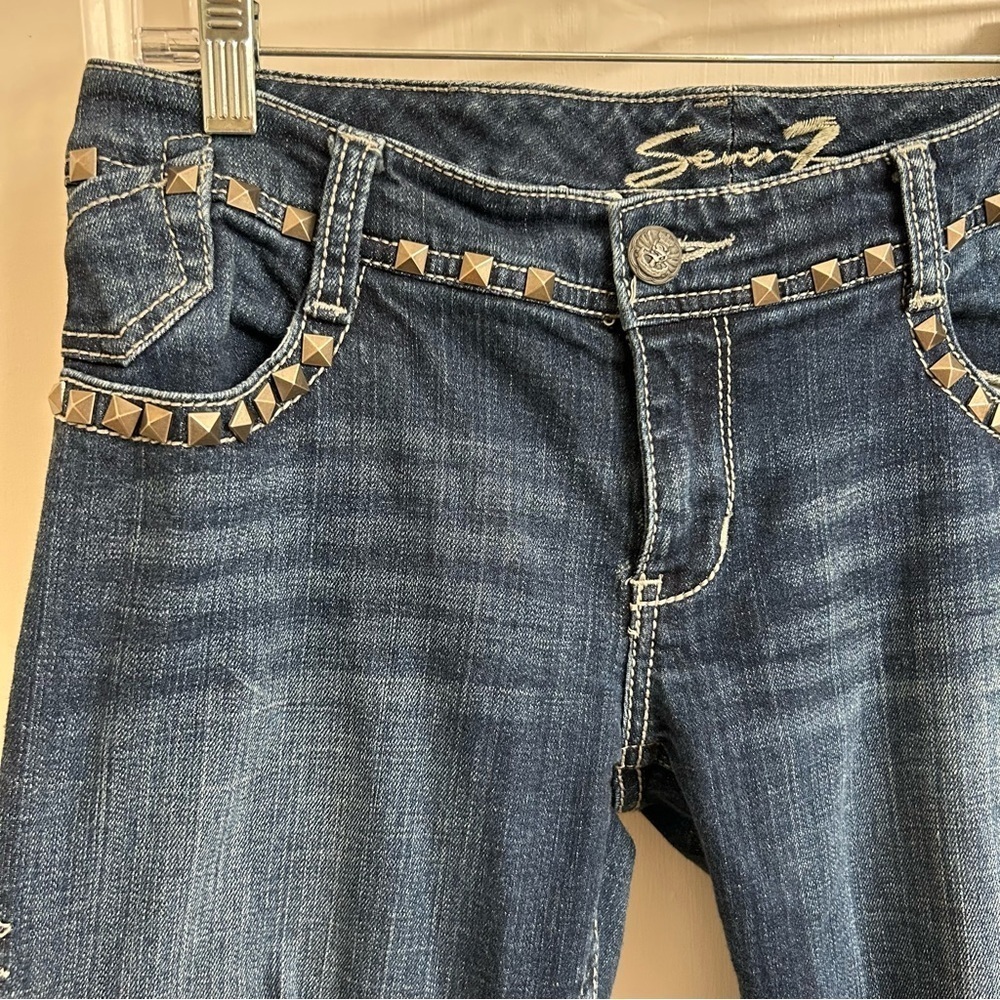 Seven 7 Jeans Women's Size 29 Straight Leg Distressed Studded Denim Med Wash - Picture 4 of 12